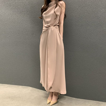 Korean Chic Summer French Elegant Pile Collar Strap Waist Slimming Look Sleeveless Vest Dress Mid-Length Skirt for Women
