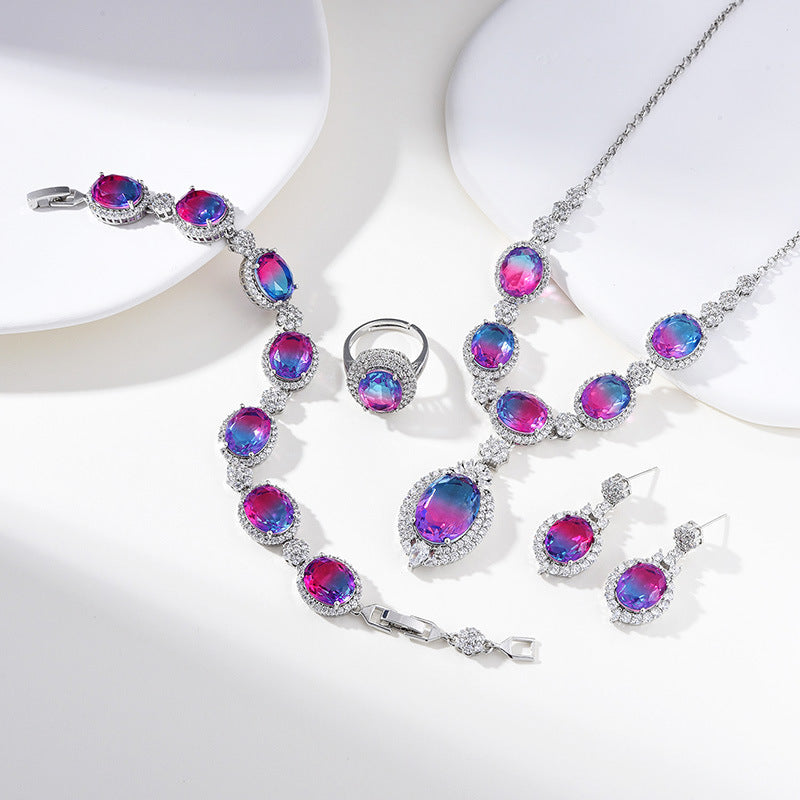 European and American fashion four-piece jewelry caibao zircon necklace suit high temperament earrings jewelry suit multicolor