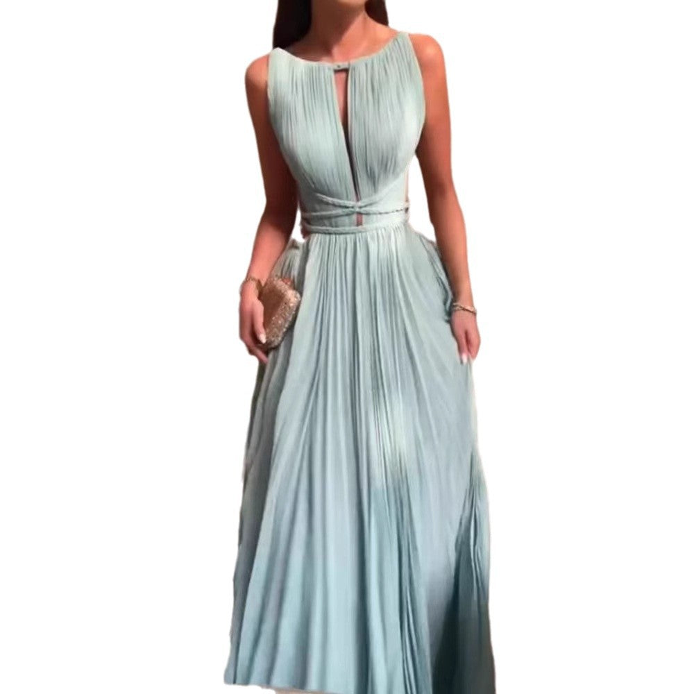 25 Summer New Amazon Cross-border Hot Sale Pleated Lace-up Sleeveless Backless Solid Color Slim-fit Large dress