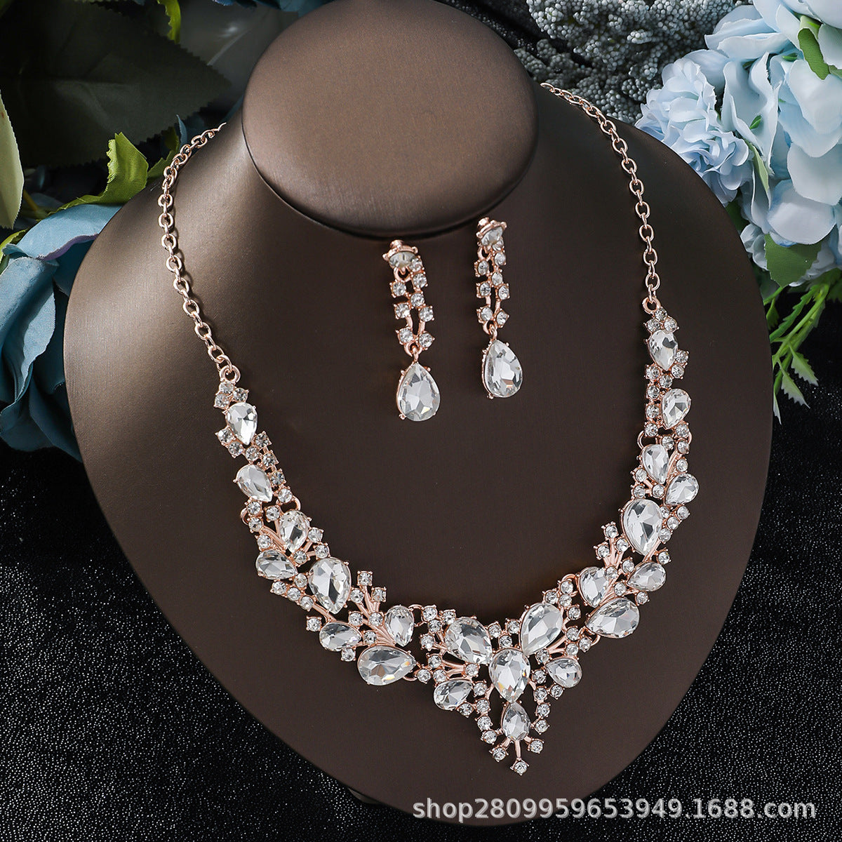 Cross-Border Amazon Jewelry Set Bridal Crystal Accessories Necklace Earrings Two-Piece Set Wedding Dress Women's