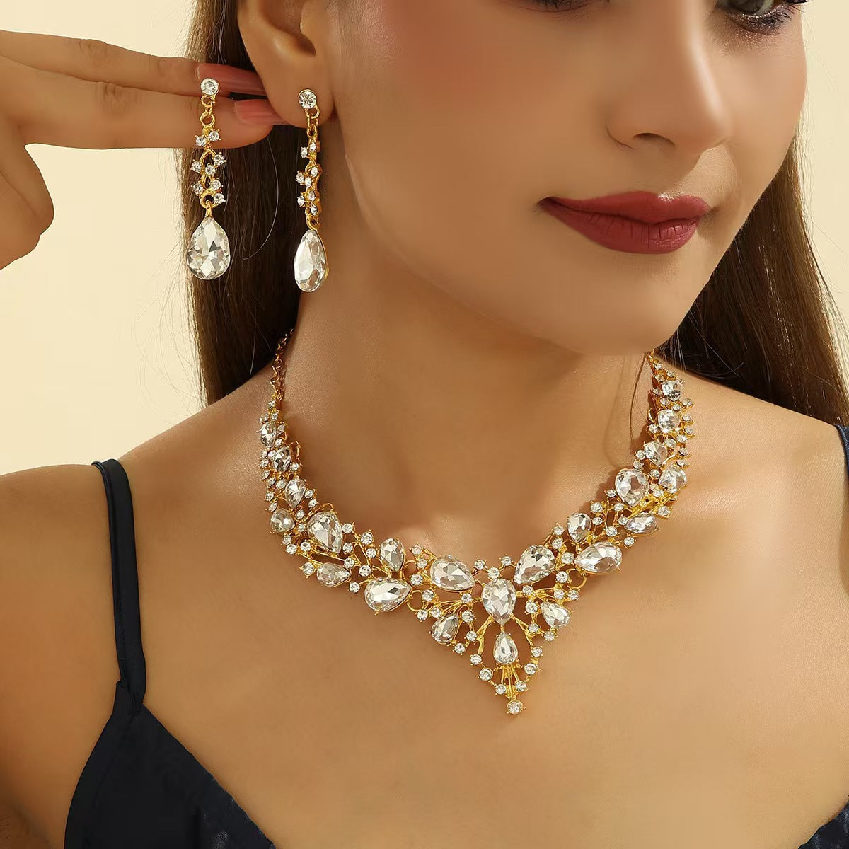 Amazon Cross-Border New European and American Light Luxury Necklace Earrings Wedding Jewelry Set Banquet Rhinestone Women's Jewelry