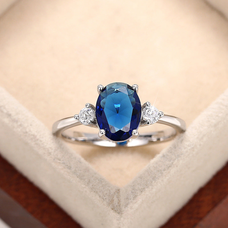 New Japanese and Korean Style Egg-Shaped Imitation Blue Gemstone Ring, Noble Temperament Hand Jewelry, Light Luxury, Versatile Fashion Jewelry for Women