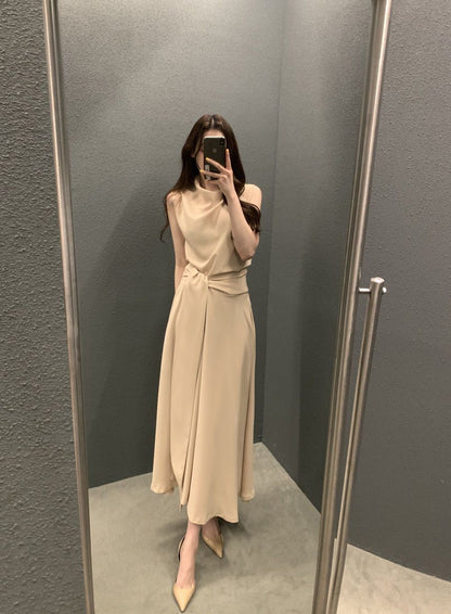 Korean Chic Summer French Elegant Pile Collar Strap Waist Slimming Look Sleeveless Vest Dress Mid-Length Skirt for Women