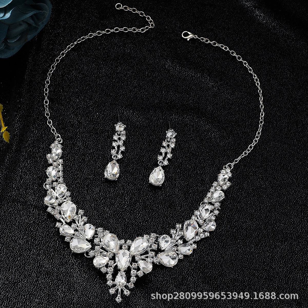 Cross-Border Amazon Jewelry Set Bridal Crystal Accessories Necklace Earrings Two-Piece Set Wedding Dress Women's