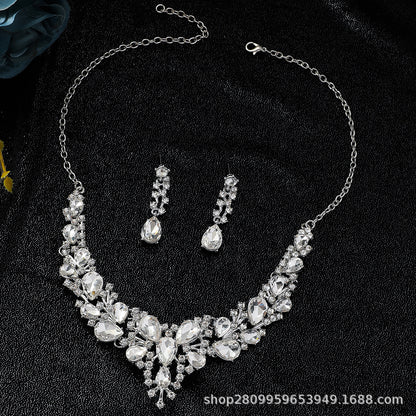 Cross-Border Amazon Jewelry Set Bridal Crystal Accessories Necklace Earrings Two-Piece Set Wedding Dress Women's