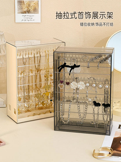 Gold Jewelry Storage Box Dust-proof Pull-out Anti-oxidation Earrings Necklace Ring Display Stand Desktop High-end Light Luxury