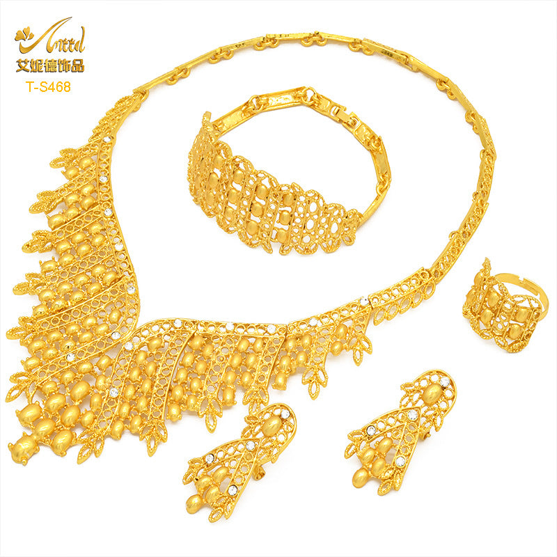 Cross-border hot selling four-piece Indian Dubai gold jewelry necklace bracelet ring earrings bridal wedding big jewelry