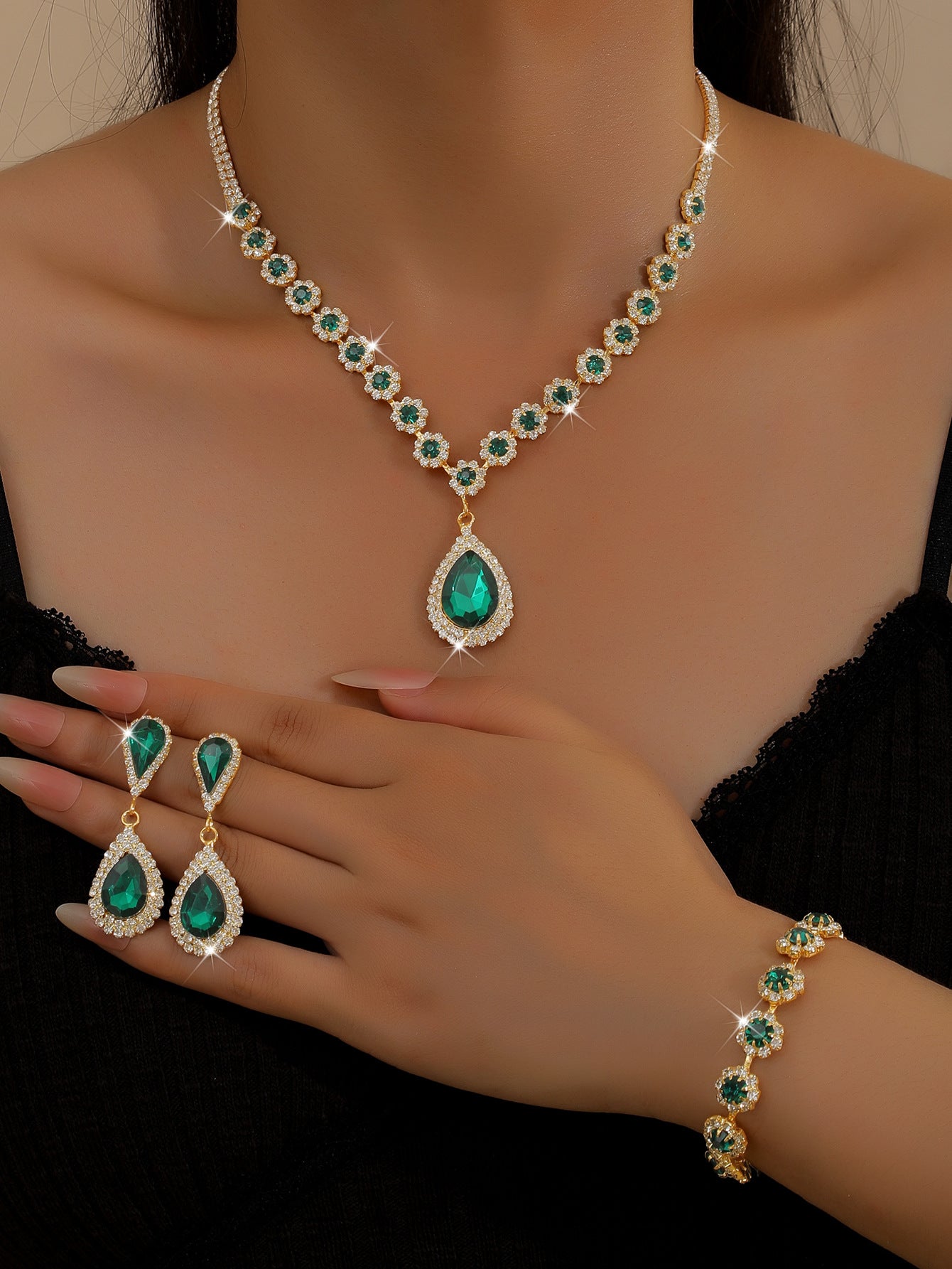 Cross-border Jewelry Explosions Necklace Earrings Bracelet Three-piece Set Full Diamond Flower Bride Jewelry suit Dress Accessories Women