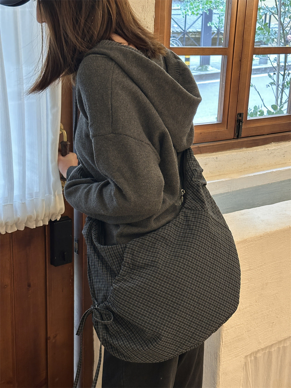 Retro Plaid Hobos Messenger Bags for Women Drawstring Pocket Nylon Dumpling Bag Large Capacity Portable Travel Shoulder Bags