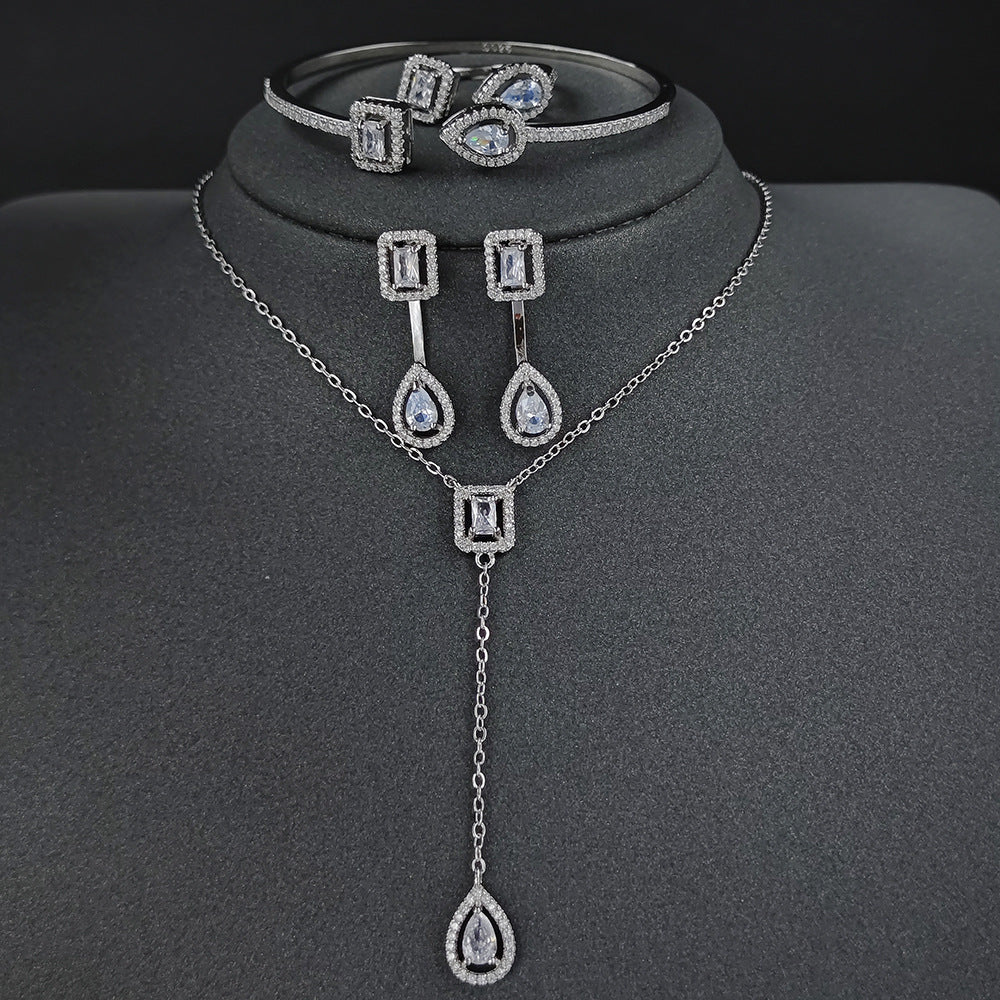Cross Border jewelry Set Long Zircon Earrings Ring Necklace Jewelry Four Piece Set Hot Sale J6177