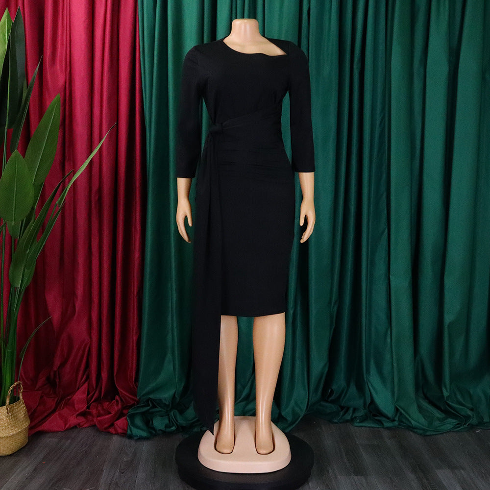 D3168 European and American Clothing Summer Office Dress Three-Quarter Sleeve Pleated Strap Professional Large Size African Dress