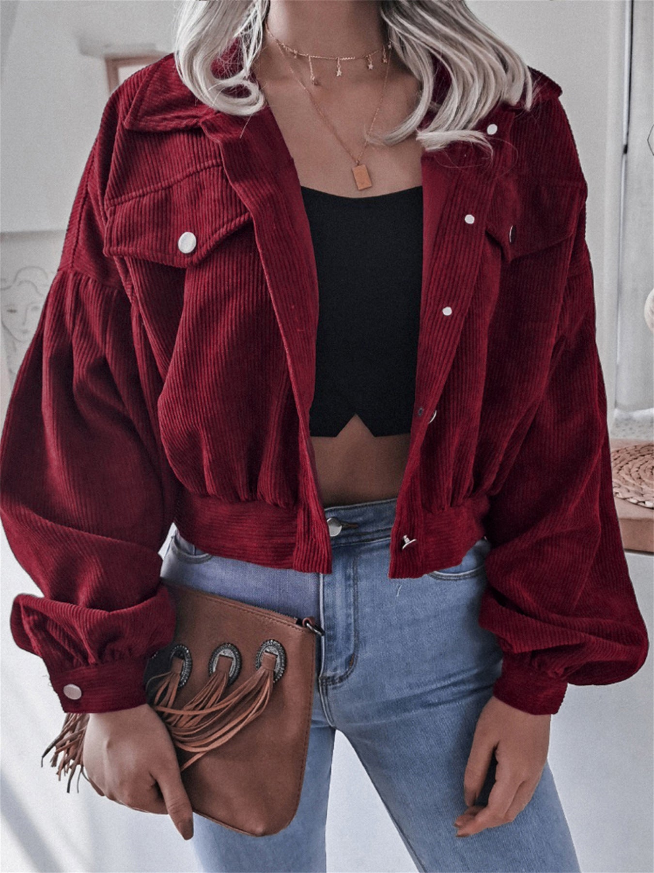 Ins Style Autumn and Winter European and American Lantern Long-Sleeved Corduroy Casual Short Outwear Jacket Amazon Hot Cross-Border Women's Clothing