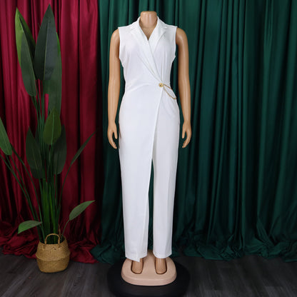 CM.YAYA Women Wide Leg V-Neck Sleeveless Jumpsuits Waist Chain 2024 Summer OL Beach Night Club Playsuit One Piece Suit Romper