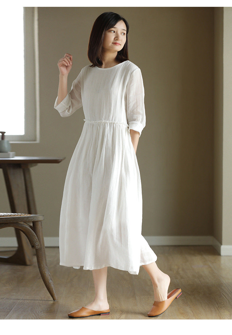2023 New Summer Cotton Linen dress Women's High Waist Slimming Artistic Loose Retro Seven-Sleeve Round Neck Dress
