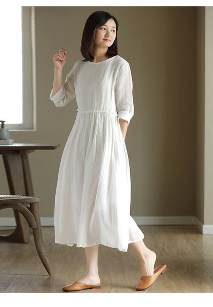 2023 New Summer Cotton Linen dress Women's High Waist Slimming Artistic Loose Retro Seven-Sleeve Round Neck Dress