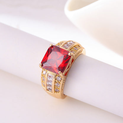 Cross-border Hot Gold-plated Jewelry Men's and Women's Wedding Ring Jewelry Garnet Red Zircon Ring Women's Design Sense Niche Jewelry Trendy