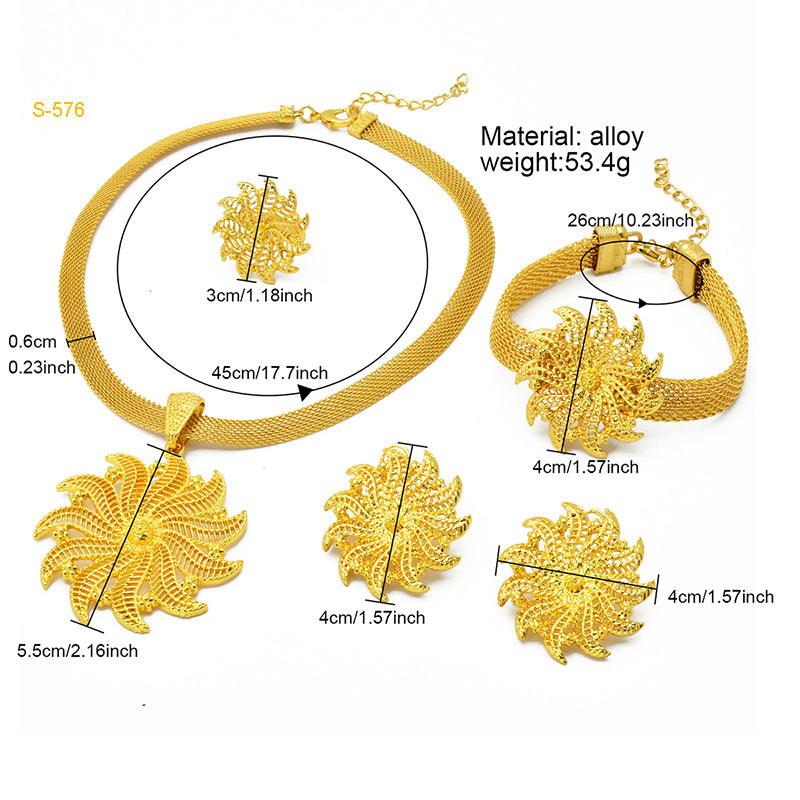 24K Gold Dubai Explosions Bride Four-piece Flower Rhinestone Jewelry Alloy Necklace Bracelet Earrings Ring