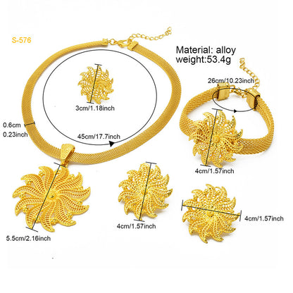 24K Gold Dubai Explosions Bride Four-piece Flower Rhinestone Jewelry Alloy Necklace Bracelet Earrings Ring