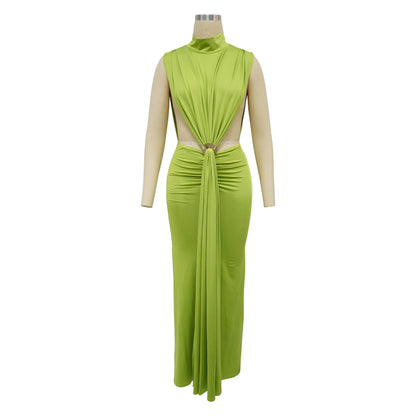 CM.YAYA Women O-neck High Split Ruched Stacked Bodycon Midi Maxi Dress 2024 Evening Party Club Vestidos Sexy Chic Long Dresses