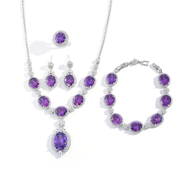 European and American fashion four-piece jewelry caibao zircon necklace suit high temperament earrings jewelry suit multicolor