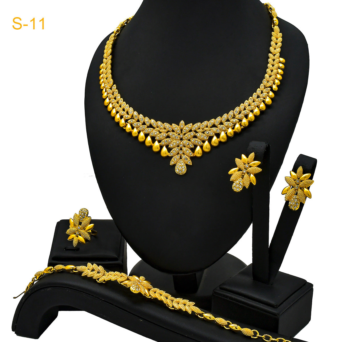24K Gold Dubai Explosions Bride Four-piece Flower Rhinestone Jewelry Alloy Necklace Bracelet Earrings Ring