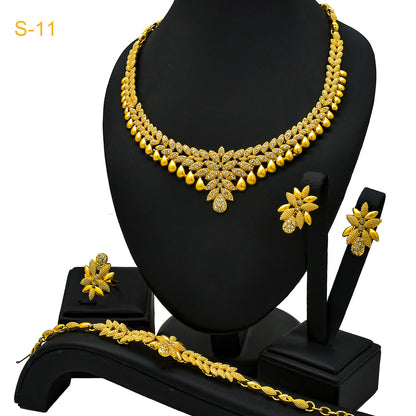 24K Gold Dubai Explosions Bride Four-piece Flower Rhinestone Jewelry Alloy Necklace Bracelet Earrings Ring