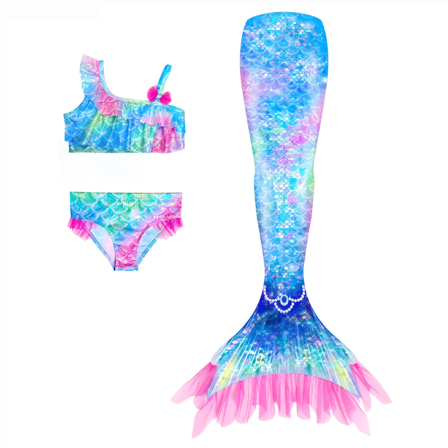 Girls' Mermaid Swimsuit Three-Piece Set Mermaid Tail Cross-Border Popular Bikini Swimsuit Beach Swimwear Shiny