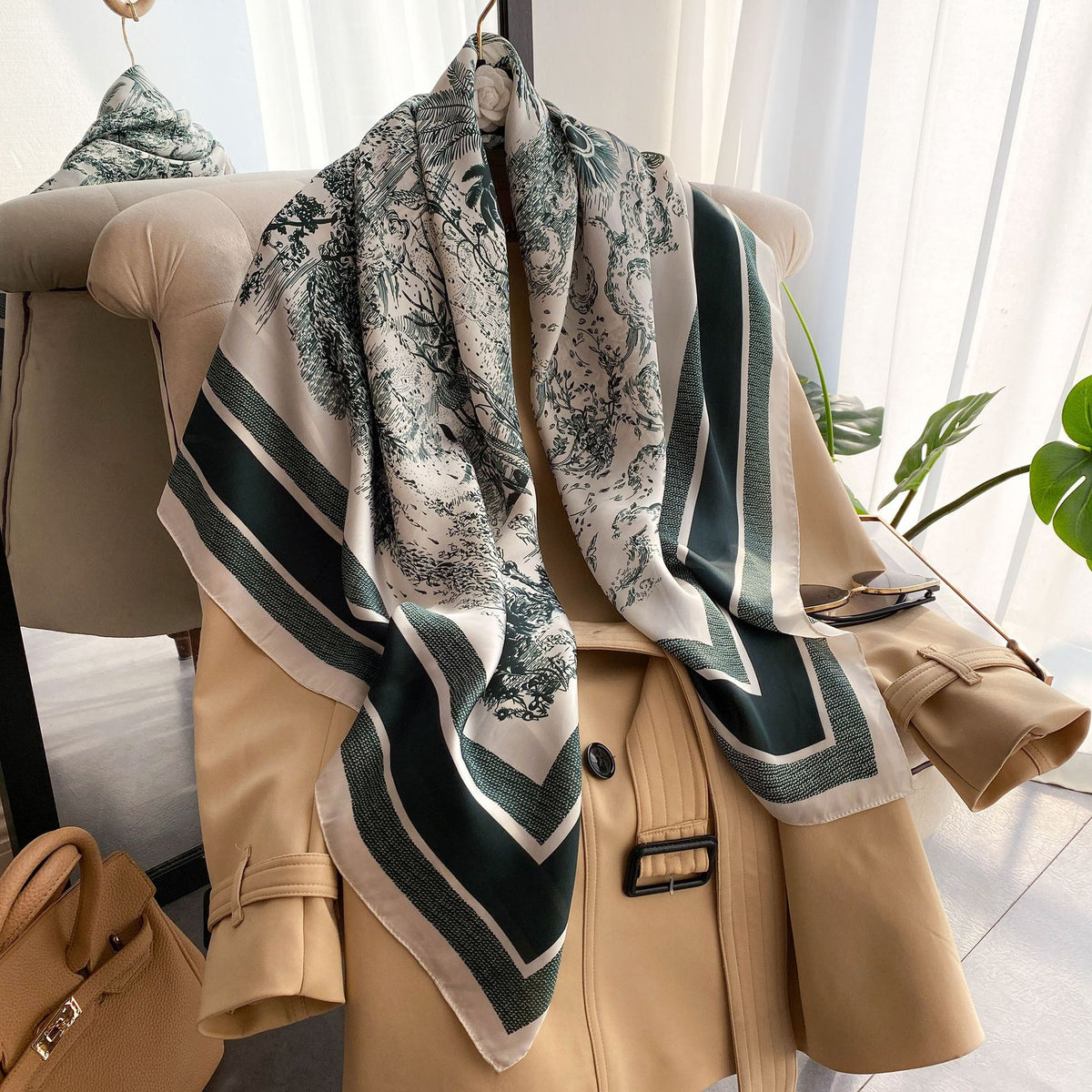 New Faux Silk Scarf for Women 110cm Square Scarf Versatile Printed Decorative Sun Protection Shawl Summer Bandana Wrap