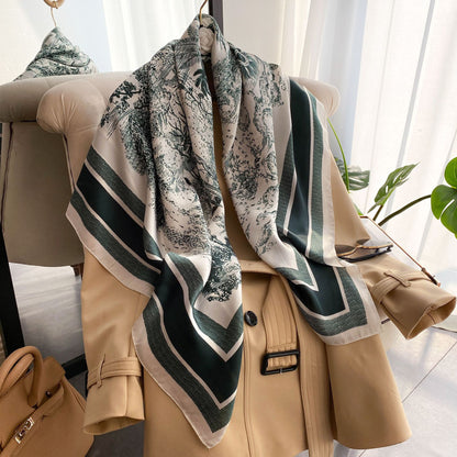 New Faux Silk Scarf for Women 110cm Square Scarf Versatile Printed Decorative Sun Protection Shawl Summer Bandana Wrap