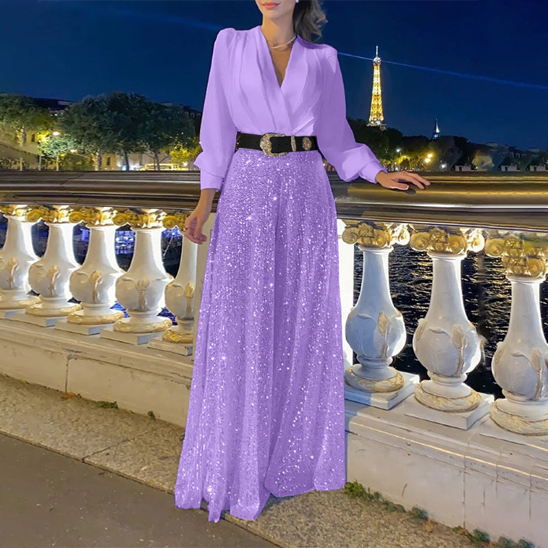 2025 Dress Women's Spring & Fall High-End V Neck Long-Sleeved Shirt Elegant Waist Sequin French Wide-Leg Pants