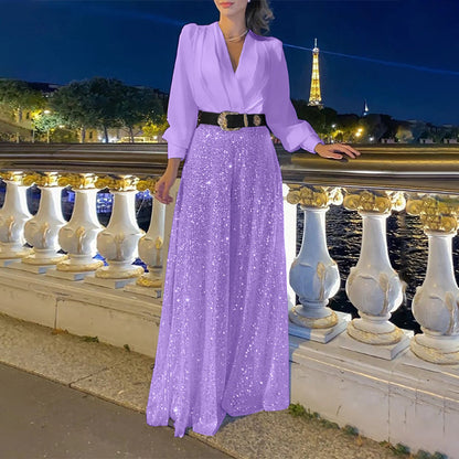 2025 Dress Women's Spring & Fall High-End V Neck Long-Sleeved Shirt Elegant Waist Sequin French Wide-Leg Pants