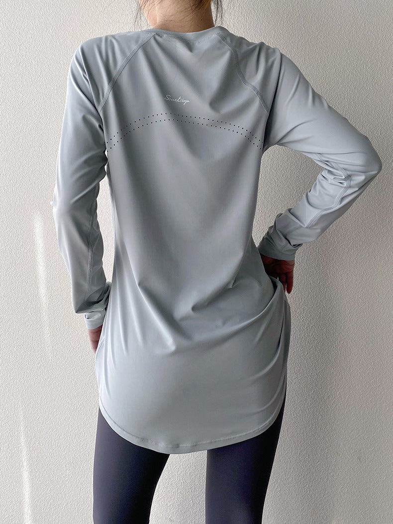 Spring and Summer Long Hip Covering Slimming Style Beautiful Back Breathable Yoga Suit Long Sleeve Running Fitness Sportswear T-shirt for Women