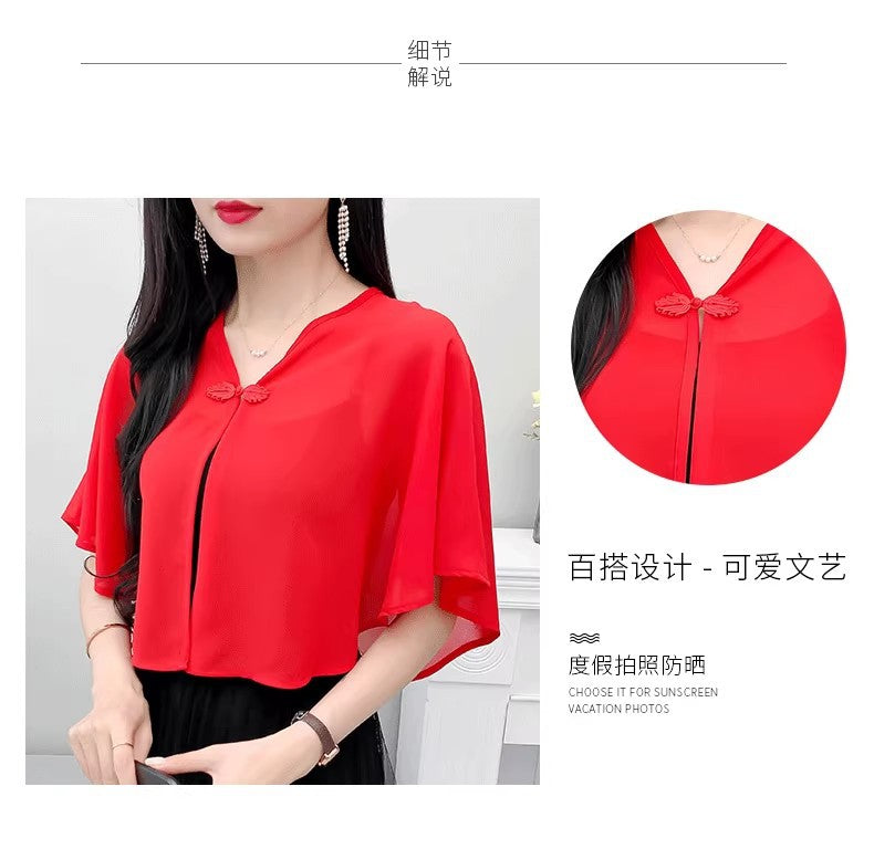 Thin Small Shawl Summer Dress with Sling Skirt Air-conditioning Shirt Women's Cardigan Outer Chiffon Ethnic Style Silver Buckle Small Coat