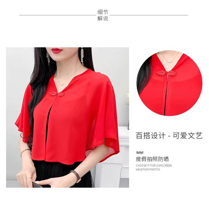 Thin Small Shawl Summer Dress with Sling Skirt Air-conditioning Shirt Women's Cardigan Outer Chiffon Ethnic Style Silver Buckle Small Coat