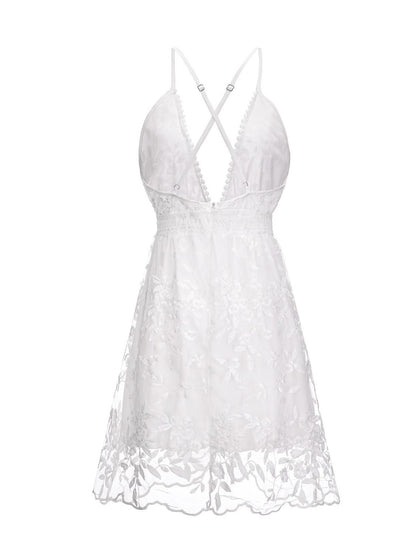 Cross-Border 2023 Summer New European and American Sexy Deep V Neck Backless Suspender Dress Amazon Lace Beach Dress