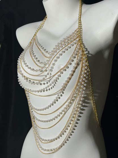 European and American fashion cross-border jewelry summer beach sexy body chest chain handmade pearl chest chain