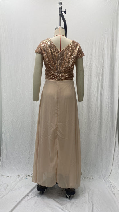 2025 Cross-Border New Spring and Summer European and American Clothing Sleeveless Dress V Neck Sequined Elegant Chiffon Splicing Evening Dress