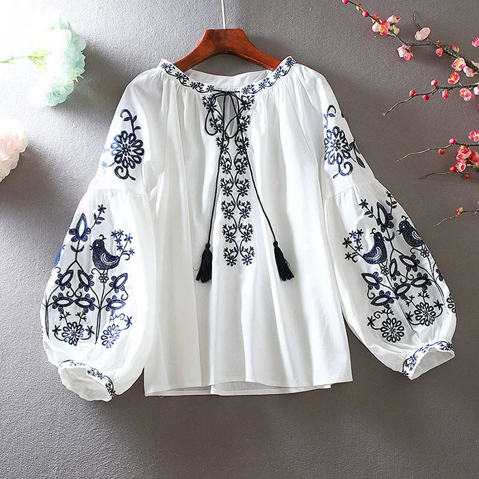 European Station Fashion Ethnic Style Lantern Sleeve Cotton Linen Long Sleeve Heavy Industry Embroidered Loose Casual Shirt Women's Autumn Top
