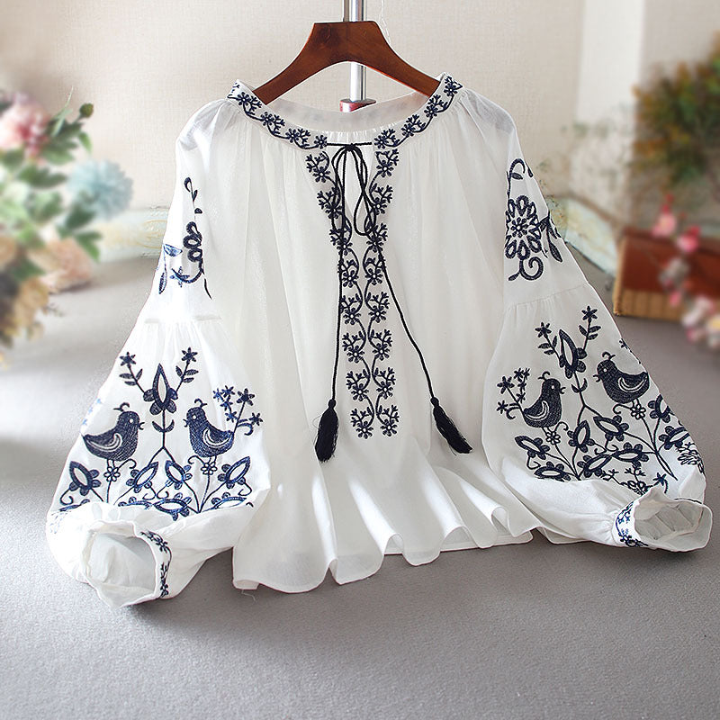 European Station Fashion Ethnic Style Lantern Sleeve Cotton Linen Long Sleeve Heavy Industry Embroidered Loose Casual Shirt Women's Autumn Top