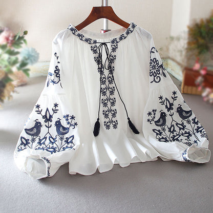 European Station Fashion Ethnic Style Lantern Sleeve Cotton Linen Long Sleeve Heavy Industry Embroidered Loose Casual Shirt Women's Autumn Top