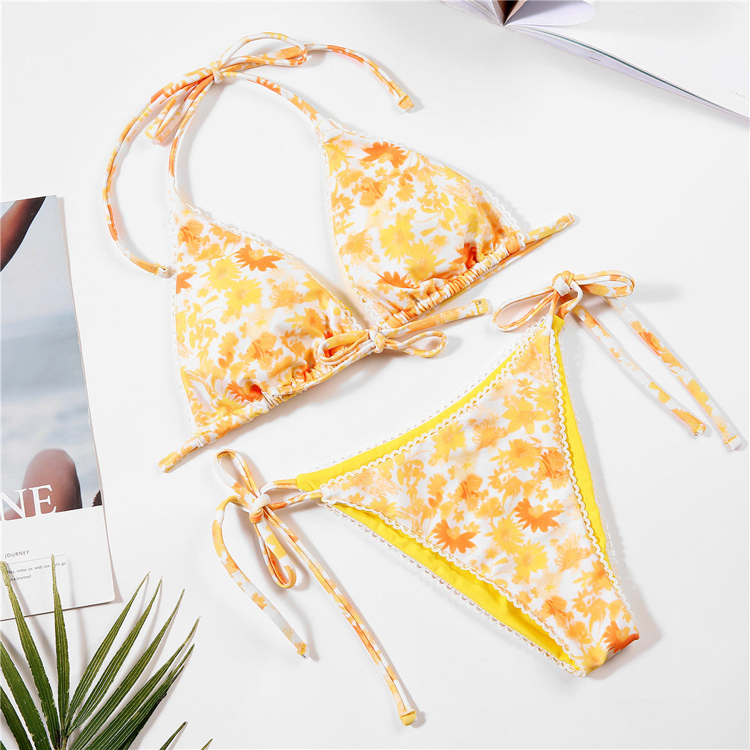 Cross-Border European and American Floral Bikini Lace Swimsuit Lace-Up Bikini Beach Split Swimsuit Women's Tube Top in Stock