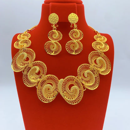 Imitation gold flower necklace earrings suit Dubai India Nigeria brass gold plated women wedding jewelry lot