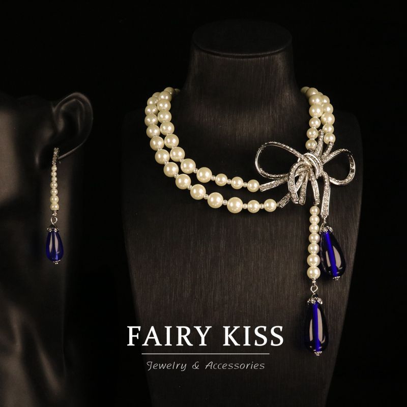 Light luxury personalized bowknot dense Diamond full copper glass pearl necklace suit exquisite elegant jewelry