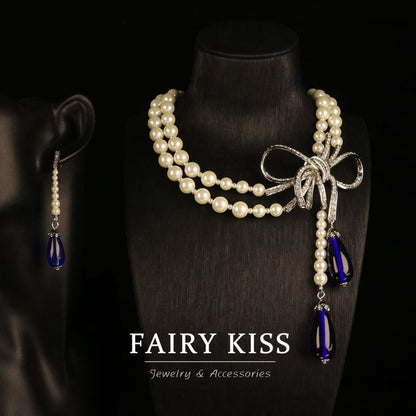 Light luxury personalized bowknot dense Diamond full copper glass pearl necklace suit exquisite elegant jewelry