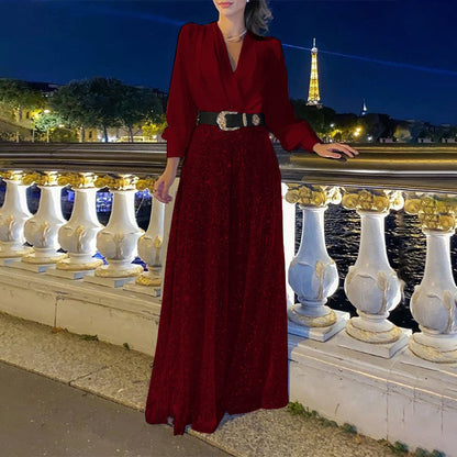 2025 Dress Women's Spring & Fall High-End V Neck Long-Sleeved Shirt Elegant Waist Sequin French Wide-Leg Pants