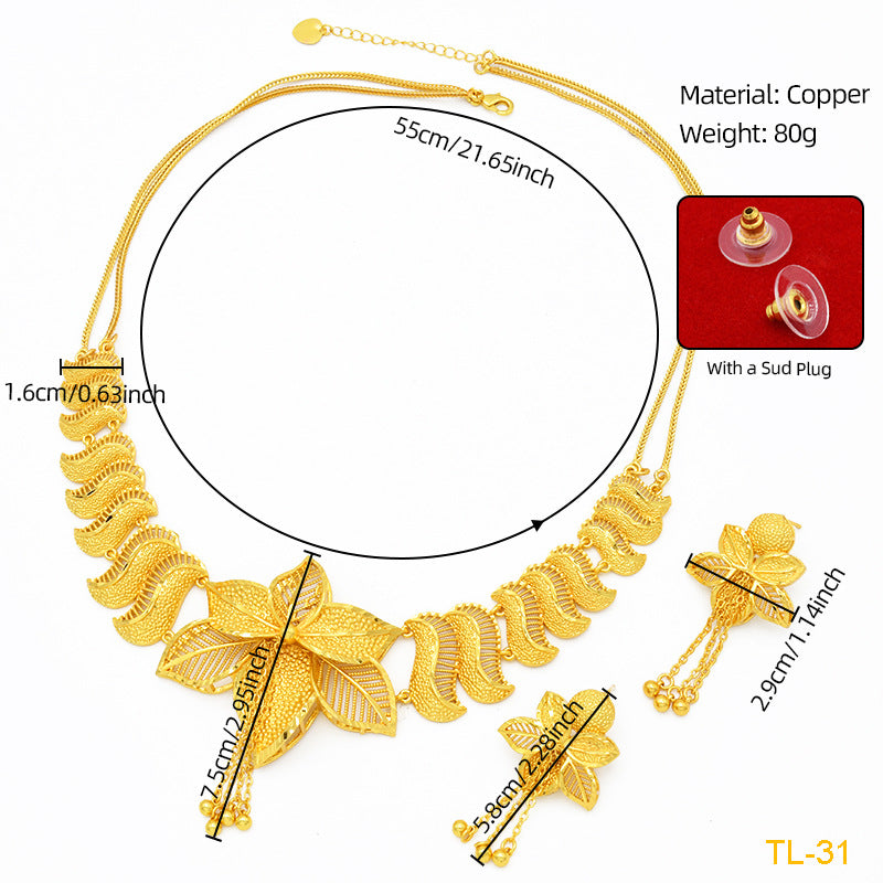 Imitation gold flower necklace earrings suit Dubai India Nigeria brass gold plated women wedding jewelry lot