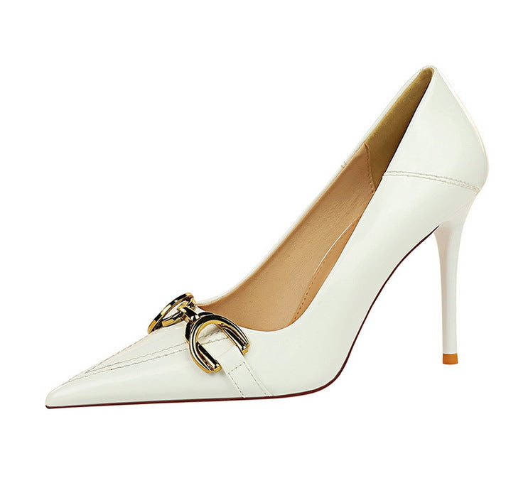 Luxury Women Pumps Metal Belt Buckle High Heels Patent Leather Women Heels Stilettos Career OL Office Shoes Plus Size 41 42 43