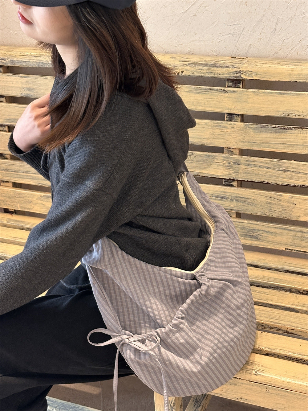 Retro Plaid Hobos Messenger Bags for Women Drawstring Pocket Nylon Dumpling Bag Large Capacity Portable Travel Shoulder Bags