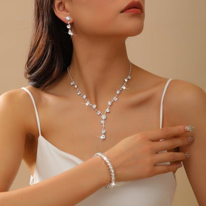 Explosive Jewelry Flash Diamond Inlaid with Full Diamond Women's Wedding Accessories Necklace Earrings Bracelet Three-piece Bridal suit
