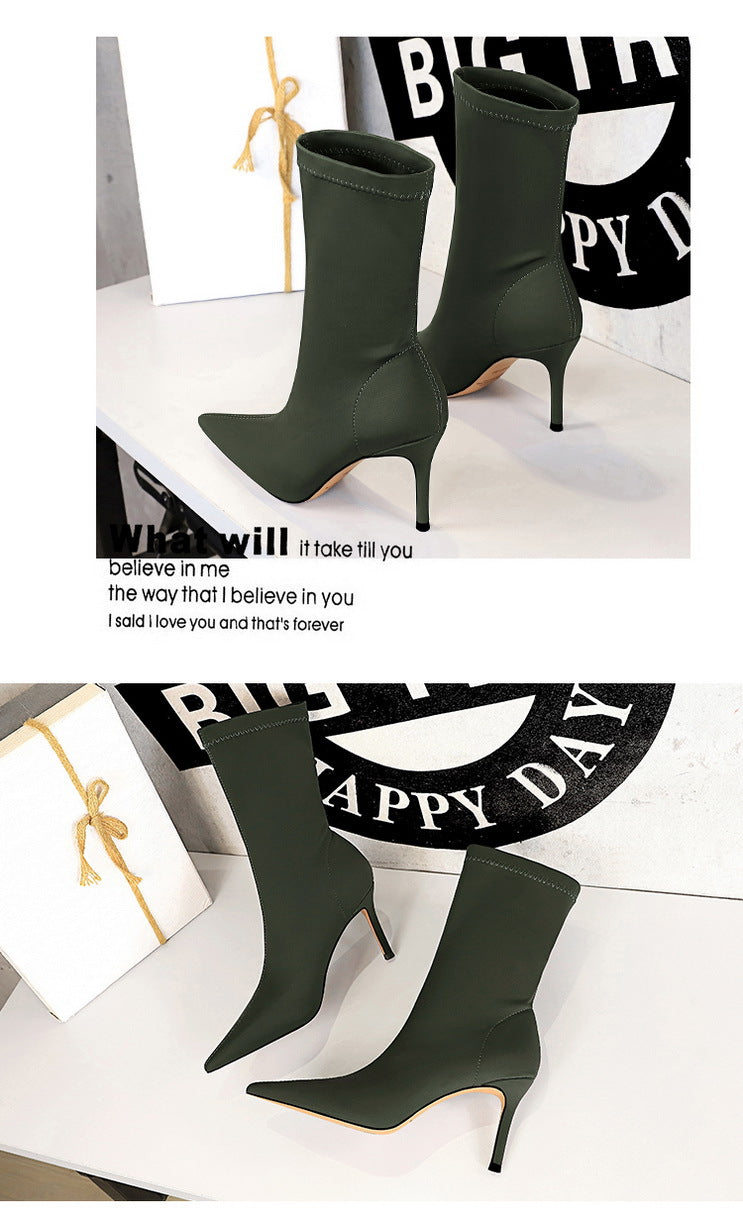 BIGTREE Shoes Stiletto Sexy Elastic Boots Women Shoes Sexy Stretch Fabric Ankle Boots Pointed Tip High Heels Boots Plus Size 43